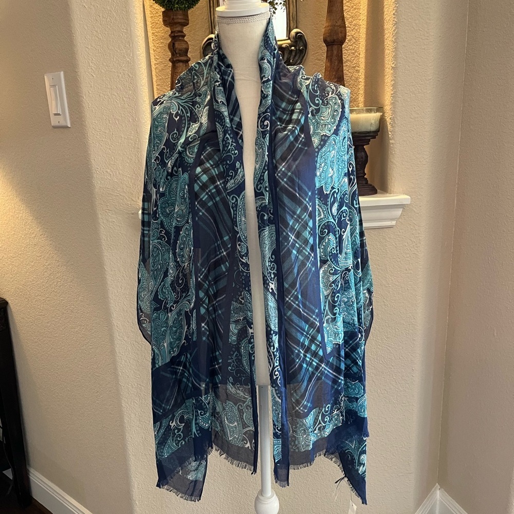 Talbots Teal and Navy White Paisley and Plaid Pattern Blue Tones Lightweight - Picture 8 of 10
